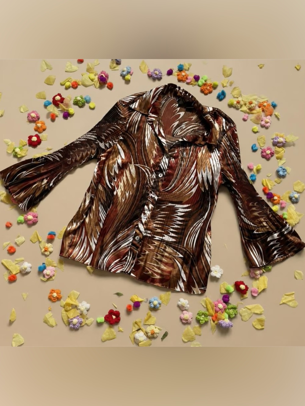 Brown Patterned Button-Front Blouse with Flared Sleeves
